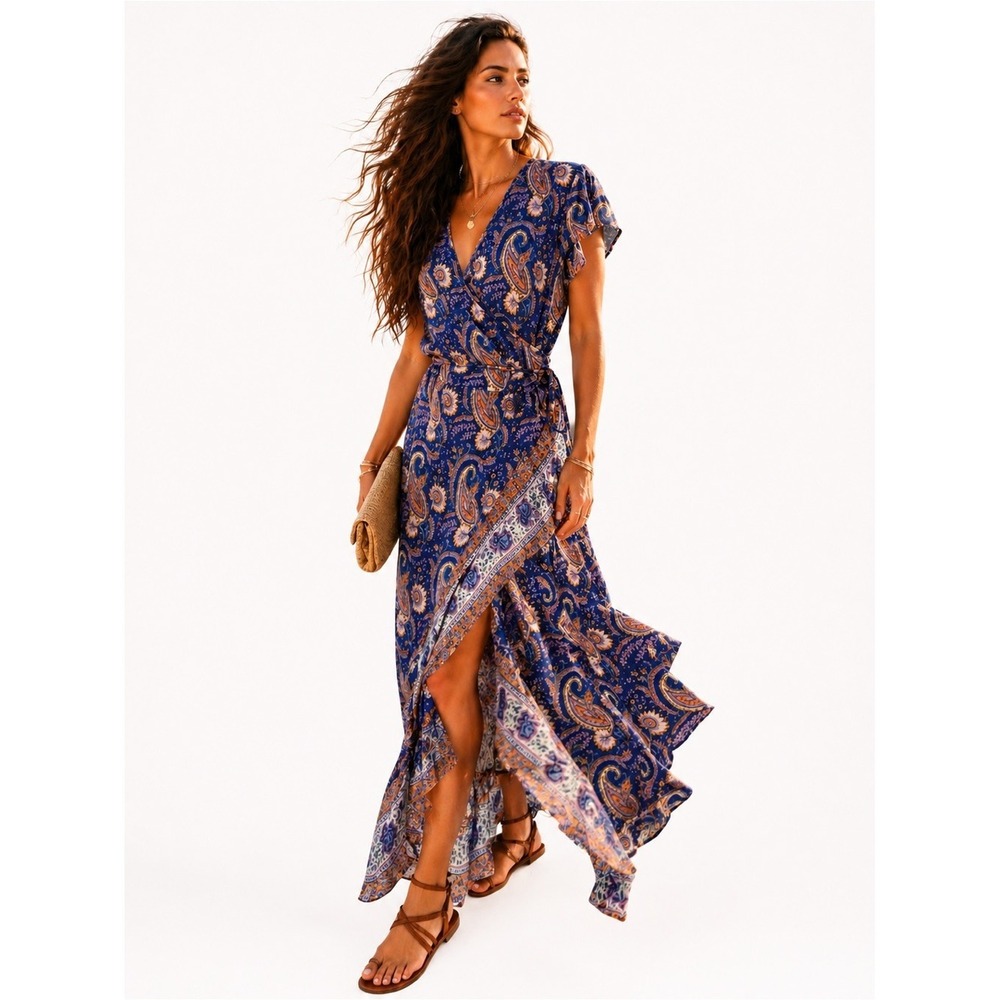 Bali Est 2000 Blue Paisley Wrap Maxi Dress Ruffle Hem Sz XS‎